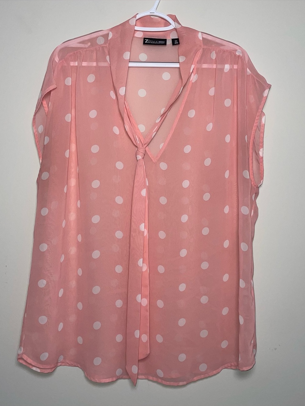 7th Avenue Design Studio Pink White Polka Dot V Neck Tie Front Sleeveless Blouse
